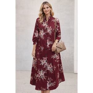 Burgundy Floral Dress Long Sleeve Mandarin Collar Sz 14 Cottagecore Lagenlook